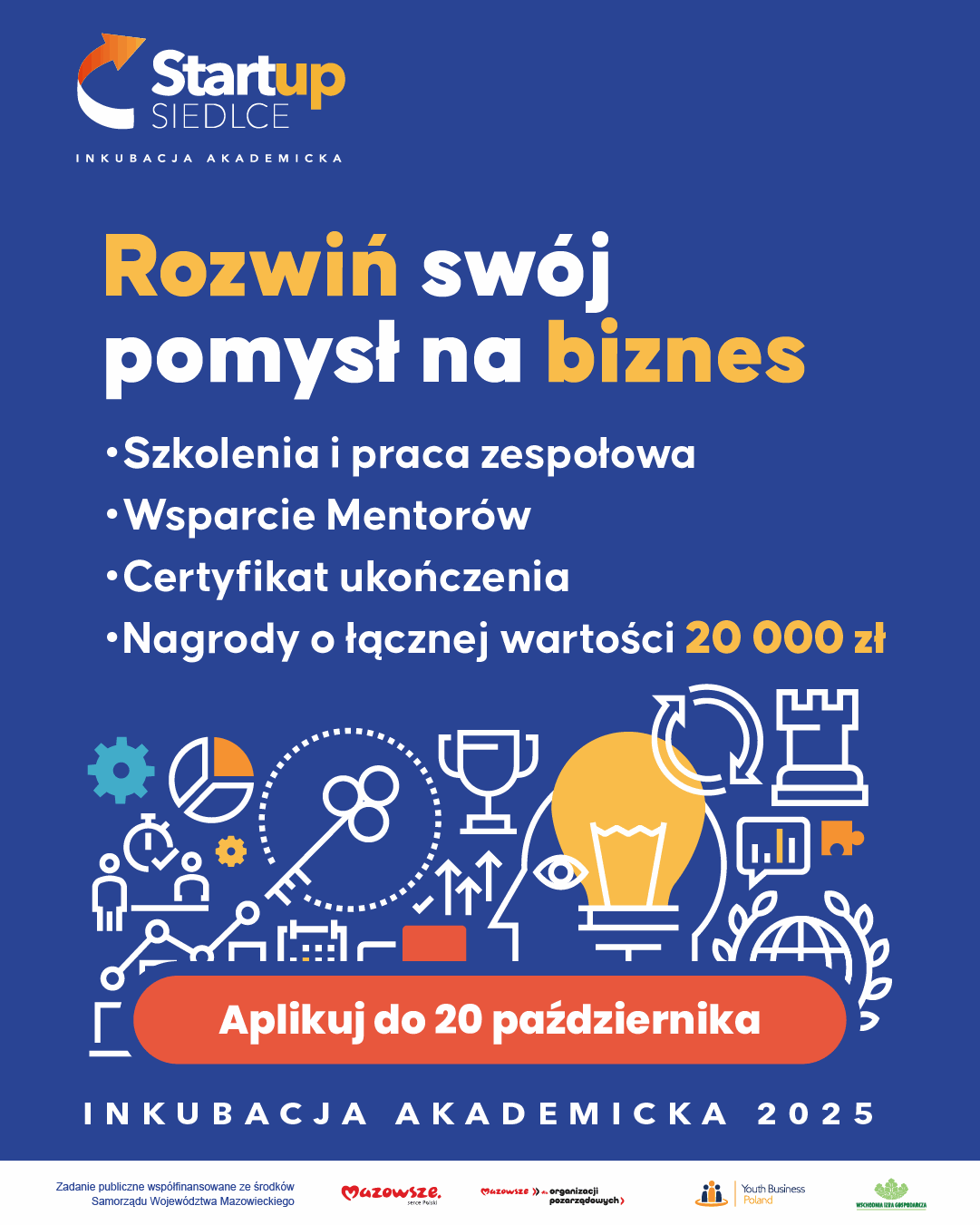 Grafika promująca program Startup Siedlce – Inkubacja Akademicka 2025. Na niebieskim tle znajduje się hasło: „Rozwiń swój pomysł na biznes”. Niżej widnieją punkty: Szkolenia i praca zespołowa, Wsparcie Mentorów, Certyfikat ukończenia, Nagrody o łącznej wartości 20 000 zł. Pod listą umieszczono pomarańczowy przycisk z napisem „Aplikuj do 20 października”. Wokół znajdują się ikony symbolizujące rozwój, naukę, analizę danych i innowacje (m.in. żarówka, wykresy, puchar, trybik, klucz). Na dole grafiki znajdują się logotypy: Mazowsze – serce Polski, Mazowsze dla organizacji pozarządowych, Youth Business Poland, oraz Wschodnia Izba Gospodarcza, a także informacja: „Zadanie publiczne współfinansowane ze środków Samorządu Województwa Mazowieckiego”.